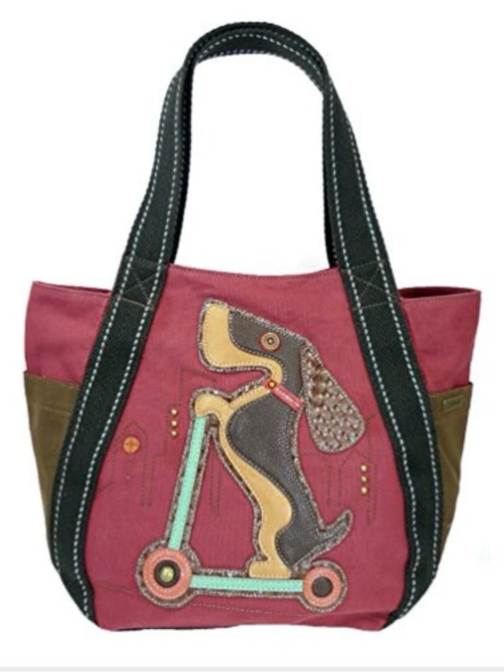 Chala Maroon Canvas Tote with Scooter Dog Appliqué and Black Handles